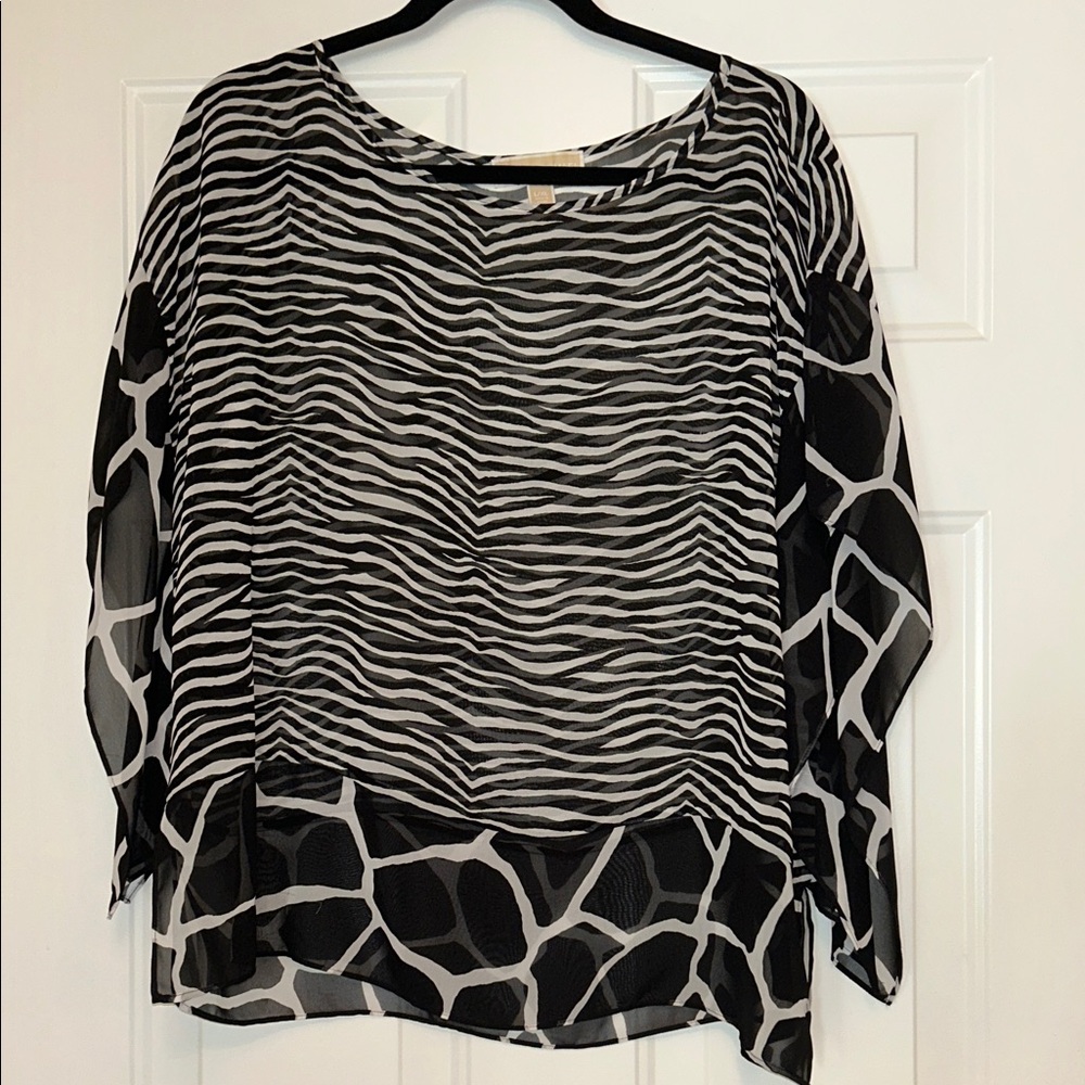Michael Kors Zebra Print Top/Poncho Style L/XL Sheer Black/White Relaxed Fit